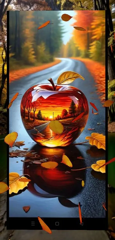 Autumn road with reflective apple illusion in nature.