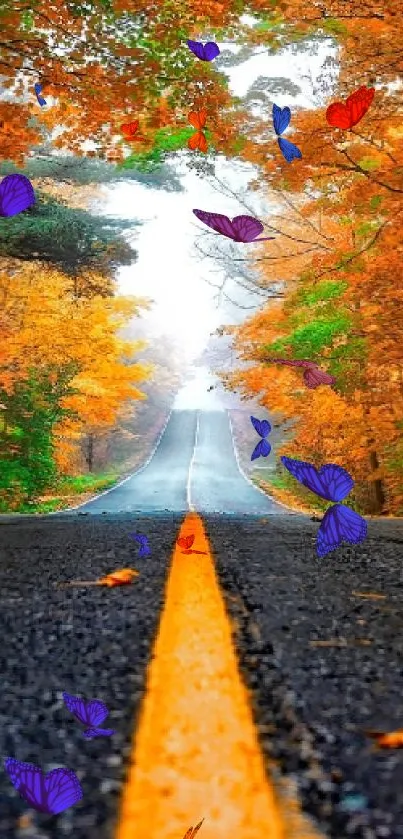 Scenic road through autumn forest with vibrant orange leaves.