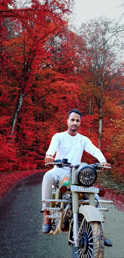 Man riding motorcycle on autumn forest road with red leaves.