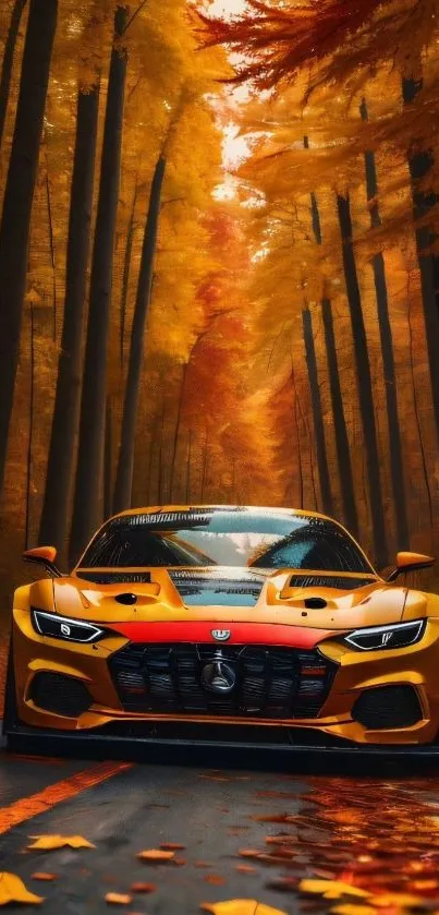 Orange sports car on an autumn forest road with golden leaves.