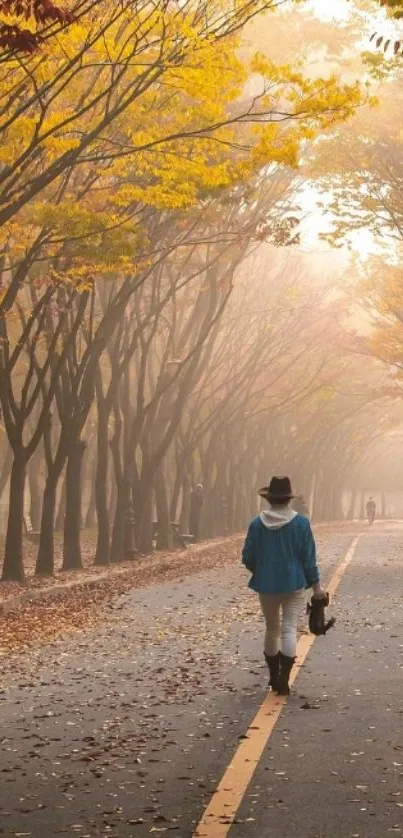 Person walks along a misty autumn path with vibrant yellow leaves overhead.