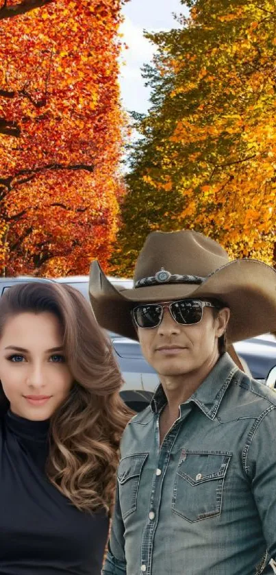 Autumn road with cowboy and elegant woman.