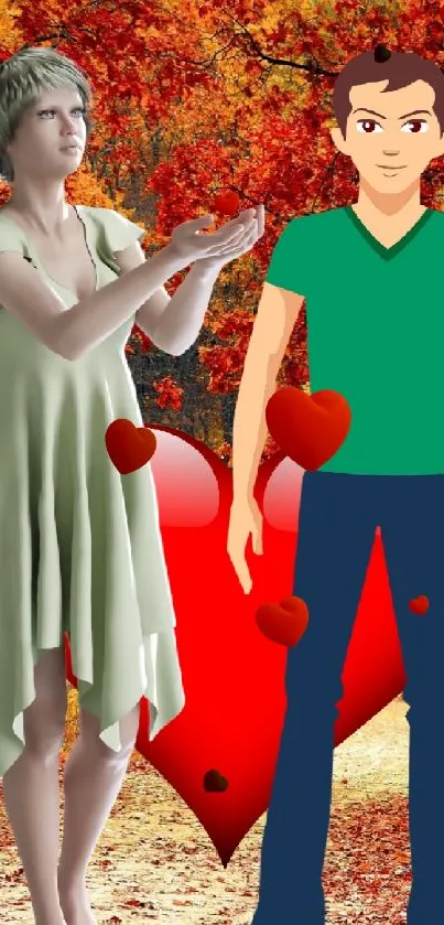 Animated characters in autumn forest scene with heart.