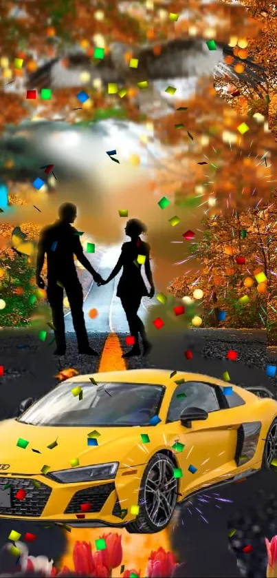 Yellow car and couple on autumn road with confetti in vibrant wallpaper.