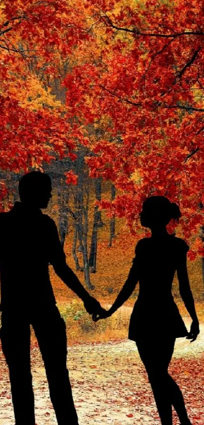 Silhouette couple walking in autumn forest with vibrant foliage.