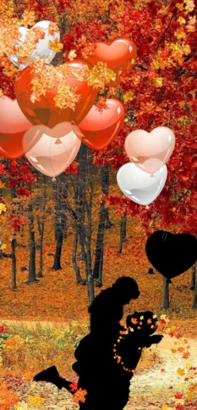 Autumn scene with heart-shaped balloons and couple silhouette.