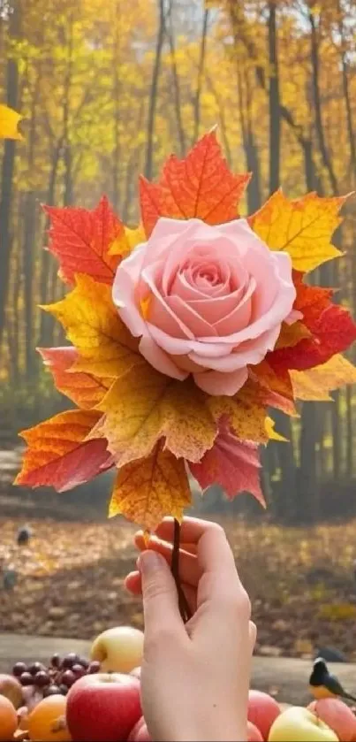 Hand holding a pink rose with autumn leaves in a forest setting.