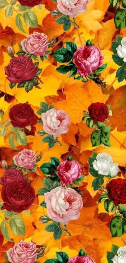 Colorful wallpaper with roses and autumn leaves.