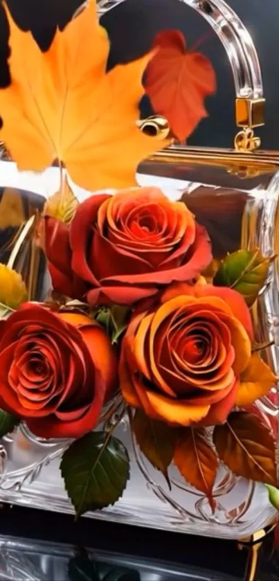 Transparent bag with roses and autumn leaves.