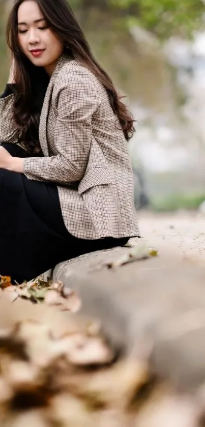 A woman in autumn attire sits among fallen leaves in a serene outdoor setting.