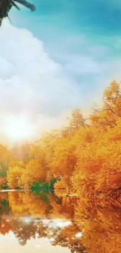 Beautiful autumn landscape with orange trees reflected in a calm river.