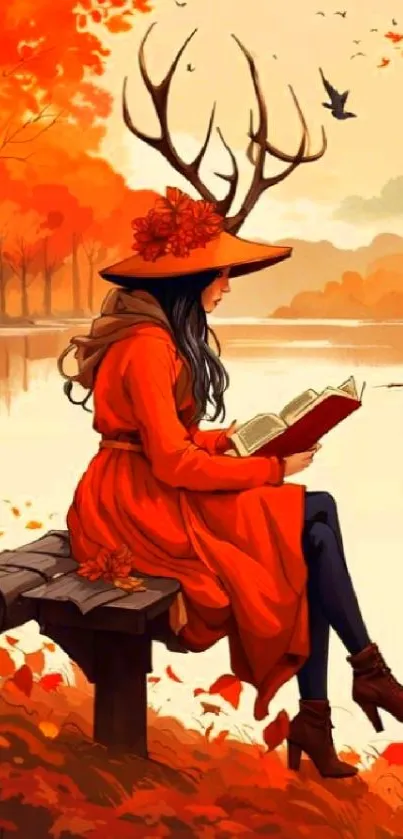 Woman with antler hat reads by a lake in autumn hues.