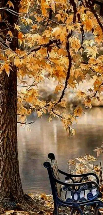 Serene autumn scene with tree and bench beside a calm lake.