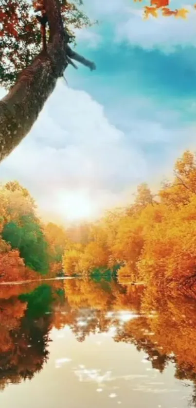 Autumn landscape with vibrant trees and a serene river reflection.