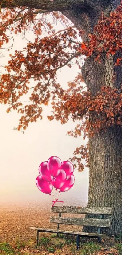 Autumn tree and bench with pink balloons on a misty day.