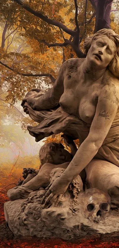 Autumn-themed wallpaper with statue and lantern.