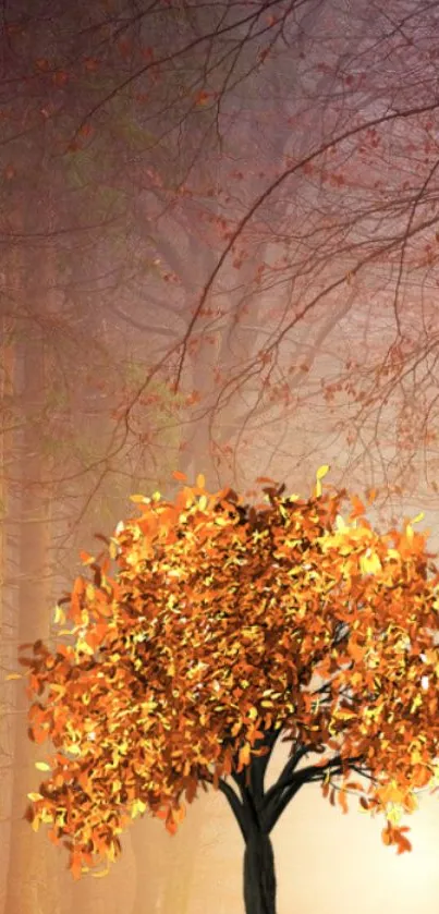 A solitary orange autumn tree in a misty forest setting.