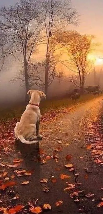 Dog sitting on leaf-strewn path during sunset in autumn landscape.