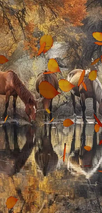 Horses by a reflective lake amid autumn leaves.