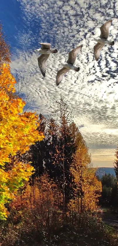 Golden autumn leaves with birds flying in a blue sky