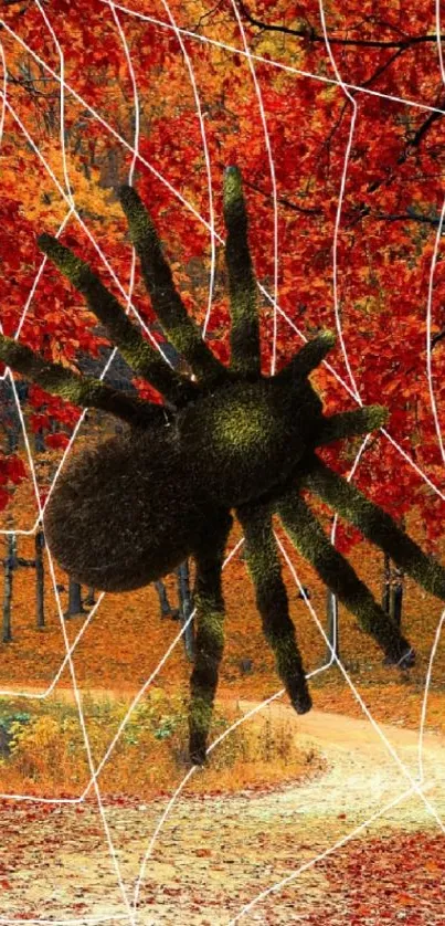 Spider on web against autumn forest backdrop.