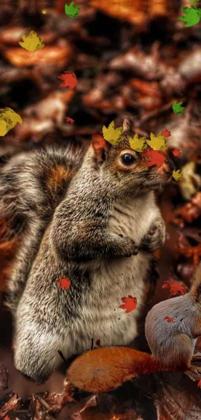 Squirrel in autumn leaves with vibrant colors, perfect for a seasonal phone wallpaper.