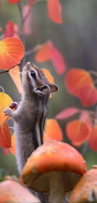 Squirrel with mushrooms in autumn foliage wallpaper.