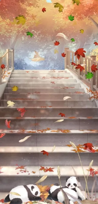 Autumn stairs with leaves and pandas resting.
