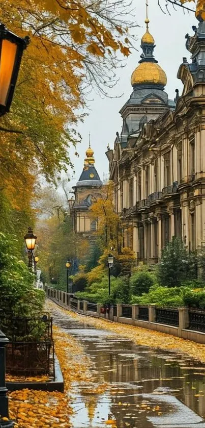 Elegant autumn street with vintage architecture and golden foliage.
