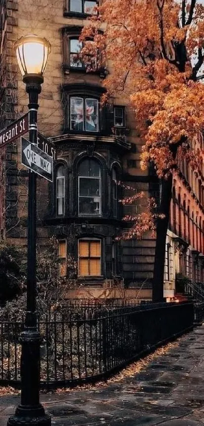 Autumn city street with vintage building and orange foliage.