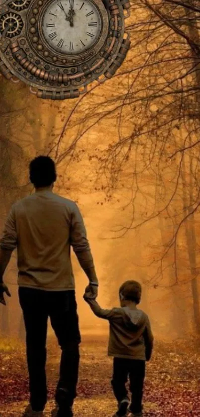 Father and child walking in golden autumn forest under ornate clock.