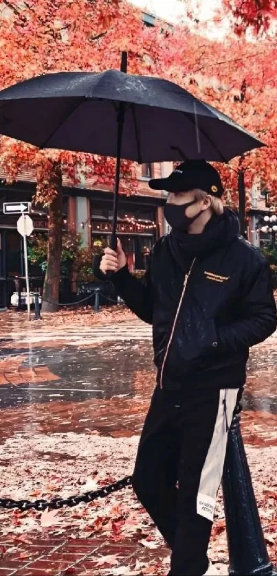 Person with umbrella walking through autumn leaves in city.