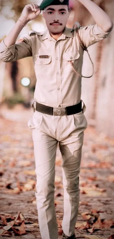 Uniformed soldier walking through autumn leaves.