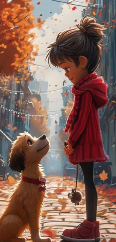 Girl and puppy in autumn street scene with falling leaves.