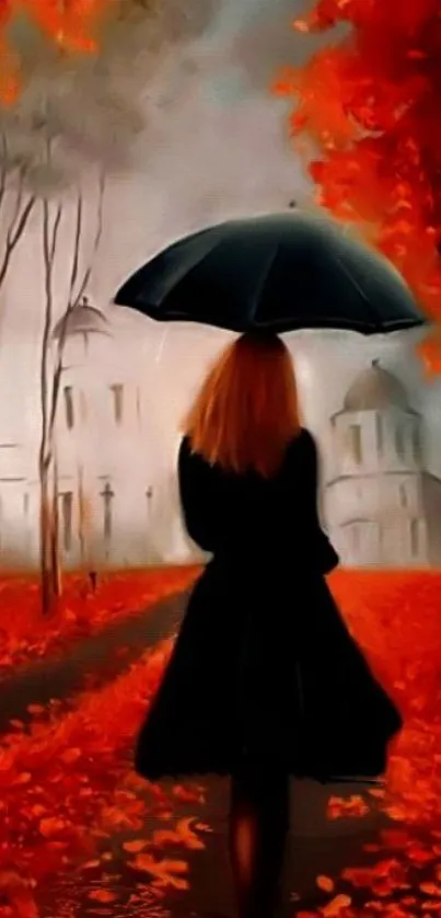 Woman with umbrella on misty autumn path with orange foliage.