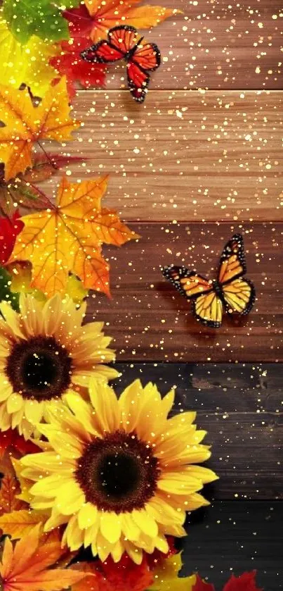 Autumn-themed wallpaper with sunflowers and butterflies.