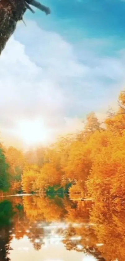 Autumn sunrise over a tranquil river with orange foliage and blue sky.