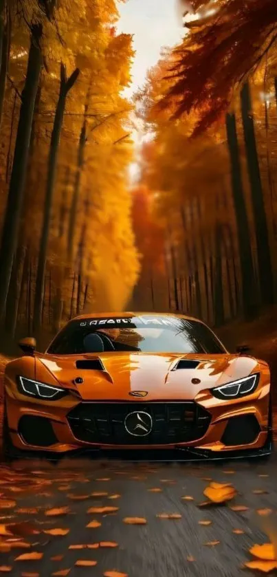 Supercar driving through autumn forest with vibrant orange leaves on the road.