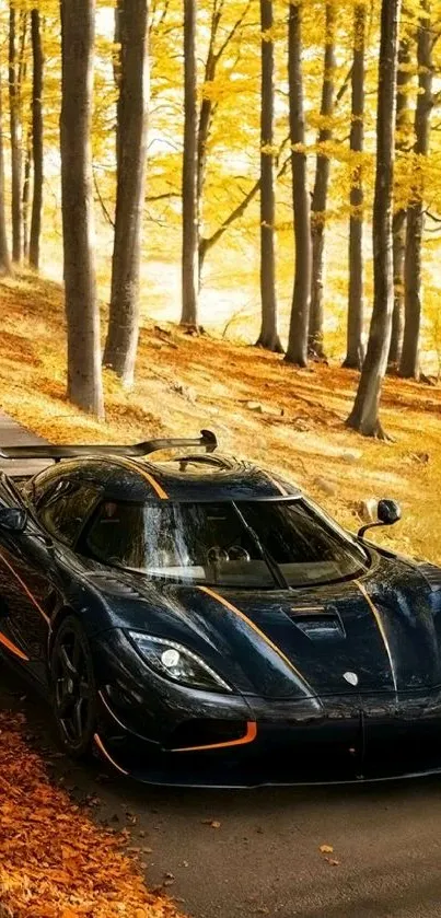 Black supercar driving through autumn forest with yellow leaves.