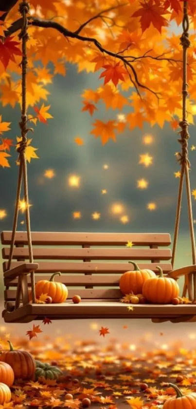 Autumn scene with swing and pumpkins surrounded by orange leaves.