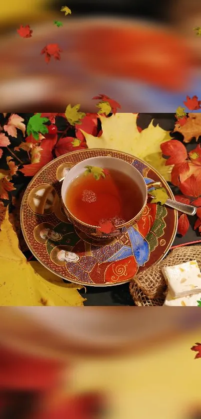 Autumn-themed wallpaper with tea and colorful leaves.