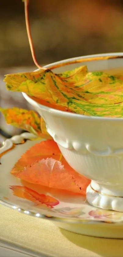 A decorative teacup with autumn leaves in sunlight.