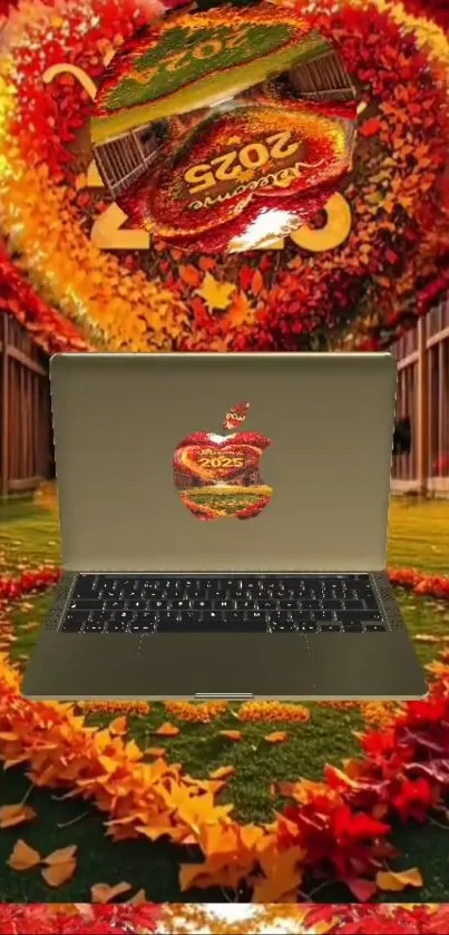 Laptop with autumn leaf design in vibrant fall scene for 2023.