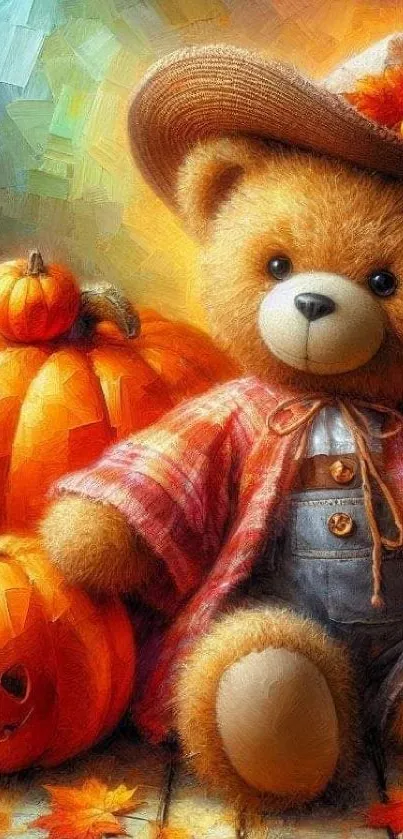 Teddy bear in autumn with pumpkins wallpaper.