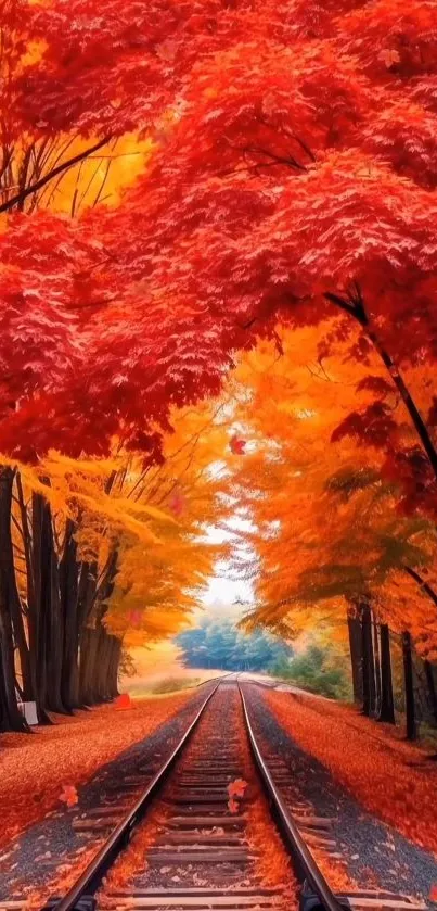 Vibrant autumn leaves along a tranquil railroad track.