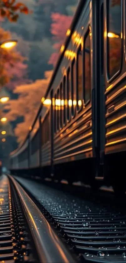 Train on tracks amidst autumn leaves in evening light.