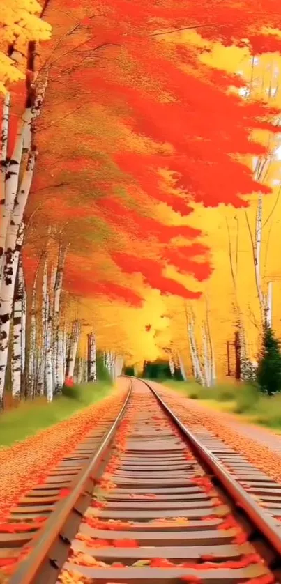 Autumn railway path lined with vibrant red leaves.