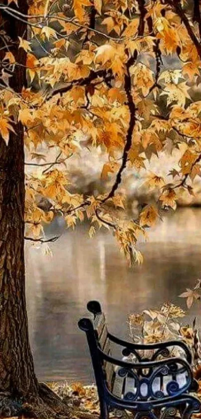 Autumn scene with bench by lake, golden leaves.