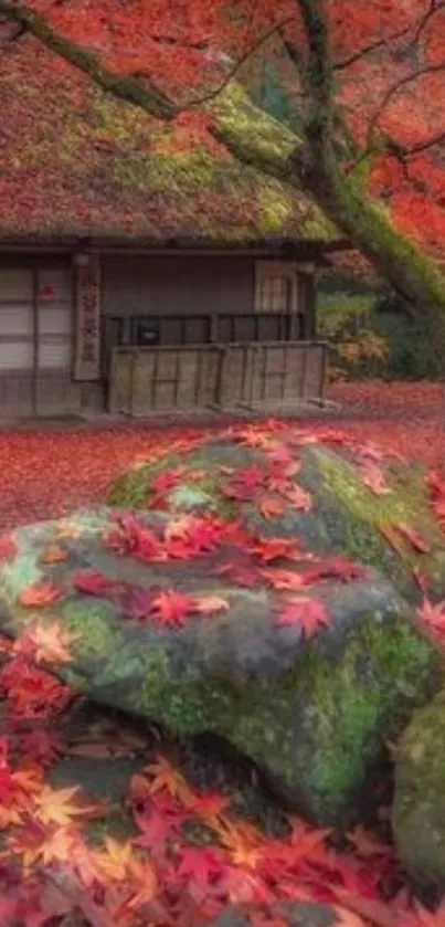 Japanese house with red autumn leaves scene.