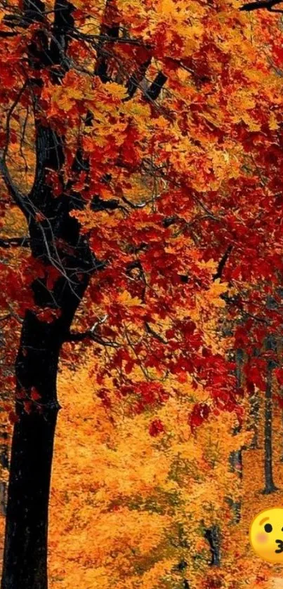 Vibrant autumn tree with red and orange leaves.